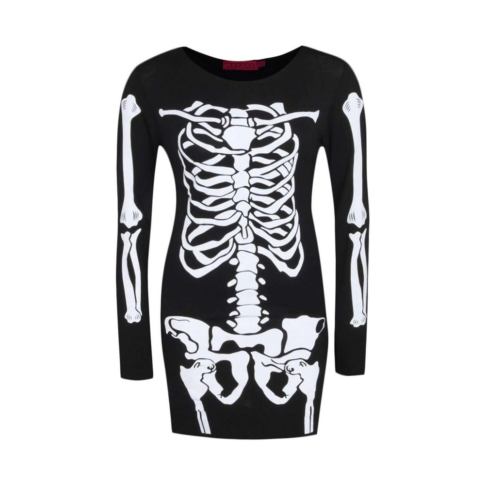 NEW! Lrg 12 Plus Skeleton Black Bodycon Halloween Costume Dress Long Sleeve Mini